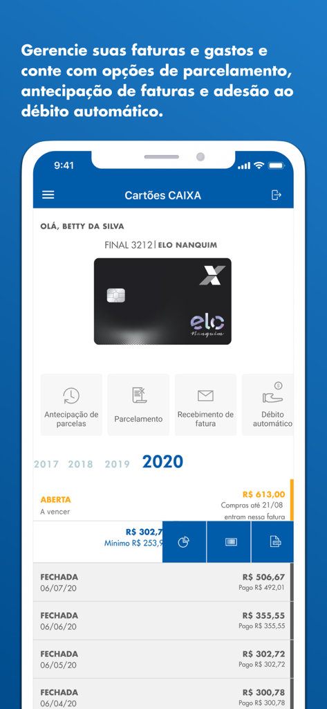 Mobile screen of the Cartões CAIXA app showing credit card details, bill history, and payment management options