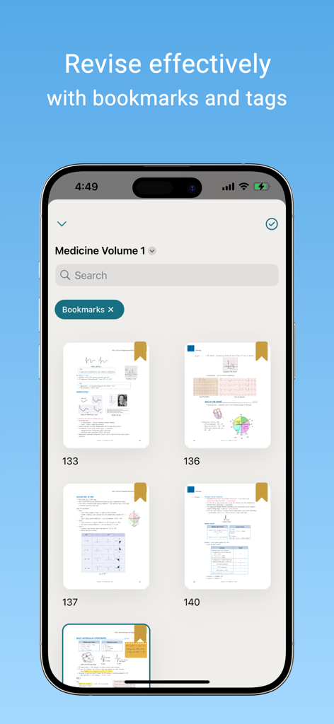 DBMCI One Notes: NEET PG, FMGE - DBMCI One Notes app interface displaying bookmarked medical study pages for effective revision.