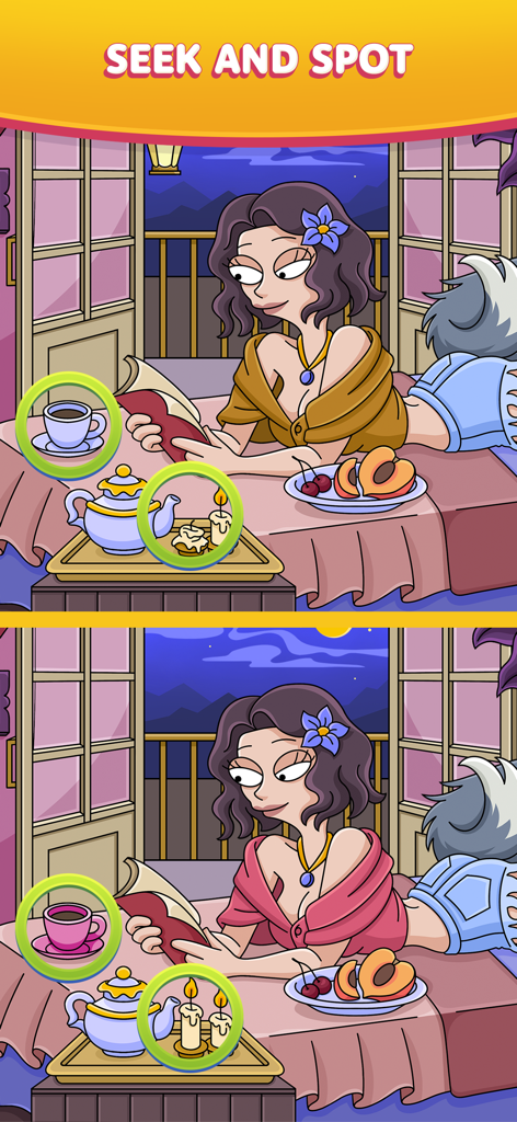 Find Easy - Hidden Differences - Find Easyゲーム画面、女性が読書をしている間違い探しパズルを表示