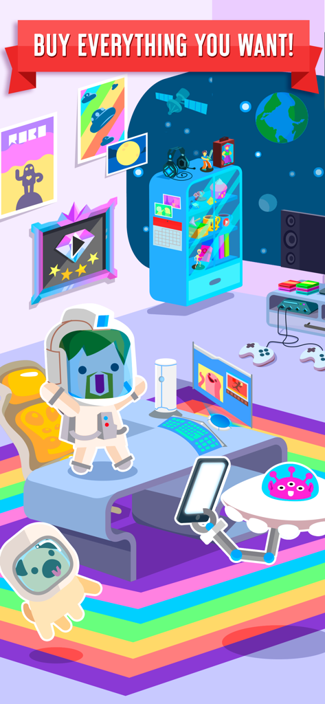 Uno studio di vlogging in Vlogger Go Viral a tema spaziale con un personaggio e un carlino in tute da astronauta.