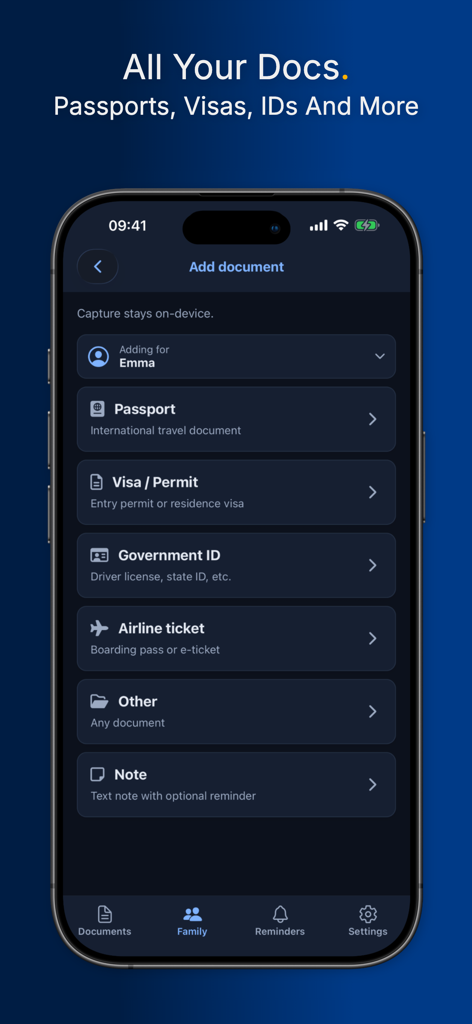 Interfaccia dell'app Travel Document Vault che mostra un elenco di tipi di documenti da aggiungere, tra cui passaporto, visto, documento d'identità e biglietto aereo.