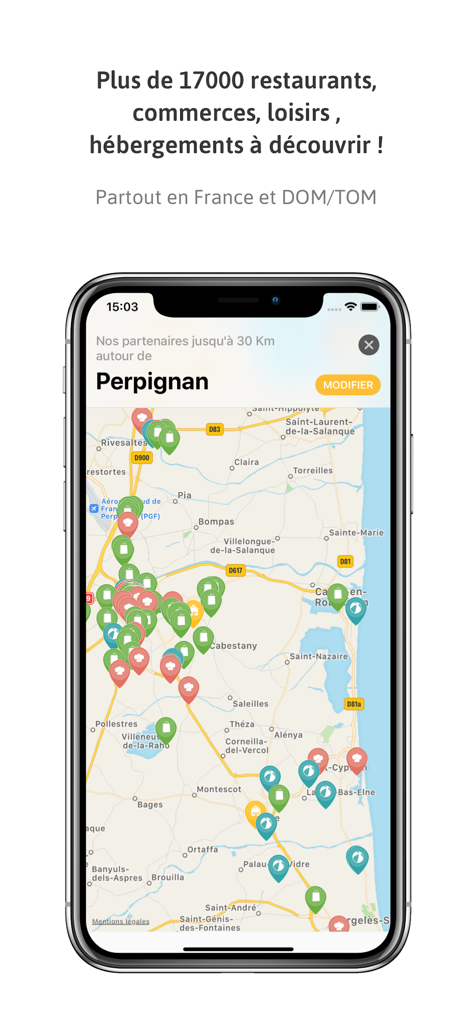 Passtime - Smartphone displaying the Passtime app map with icons for local restaurant and shopping discounts.