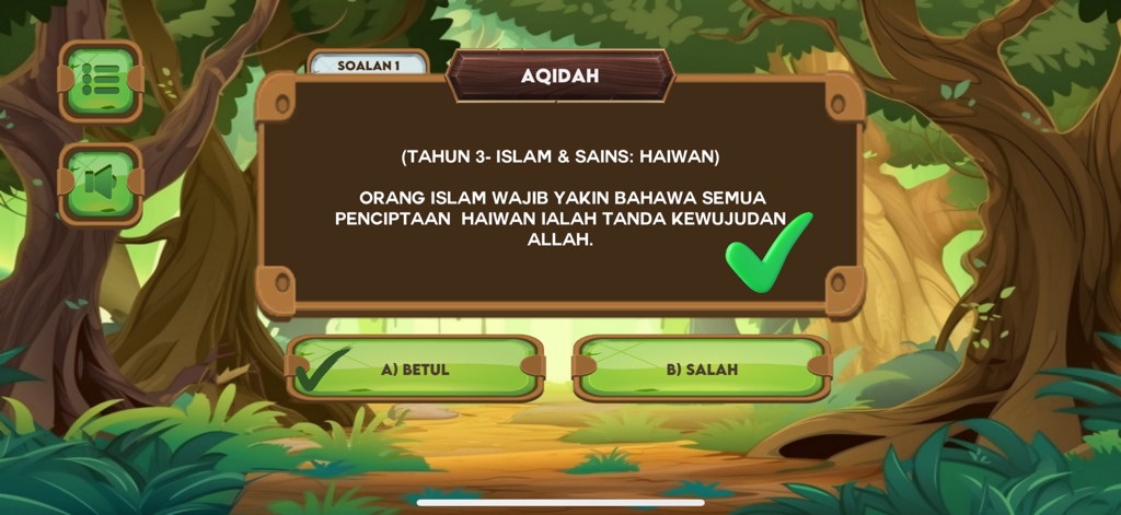L'application KAFA et UPKK Quiz montrant une question à choix multiples sur Aqidah avec un fond forestier