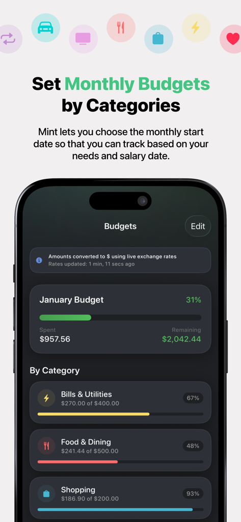 Mint app interface showing monthly budget tracking and spending categories with progress bars in dark mode