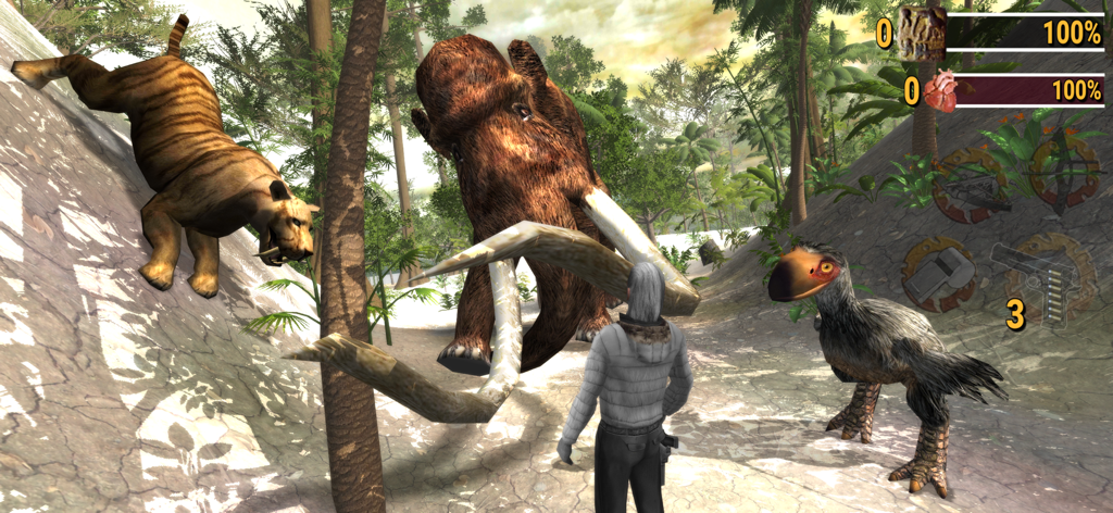 Ice Age Hunter: Evolution-U - A third person character facing a mammoth, sabertooth tiger, and prehistoric bird in a jungle setting
