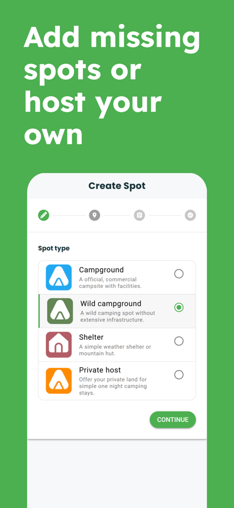 TrekSpots interface to add wild camping spots or shelters
