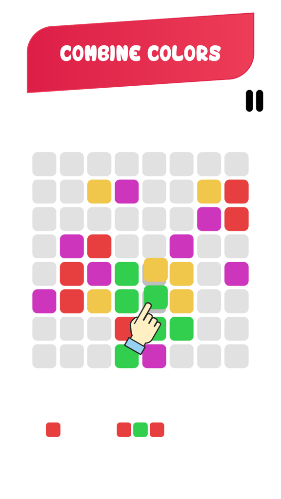 Block Masters - Flip the Color - Block Masters gameplay screen showing a grid of colored squares with a hand icon demonstrating how to combine colors