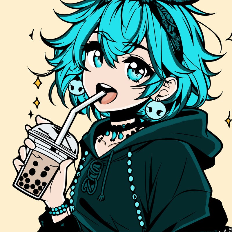 hot baddie anime girl drinking boba and biting the straw