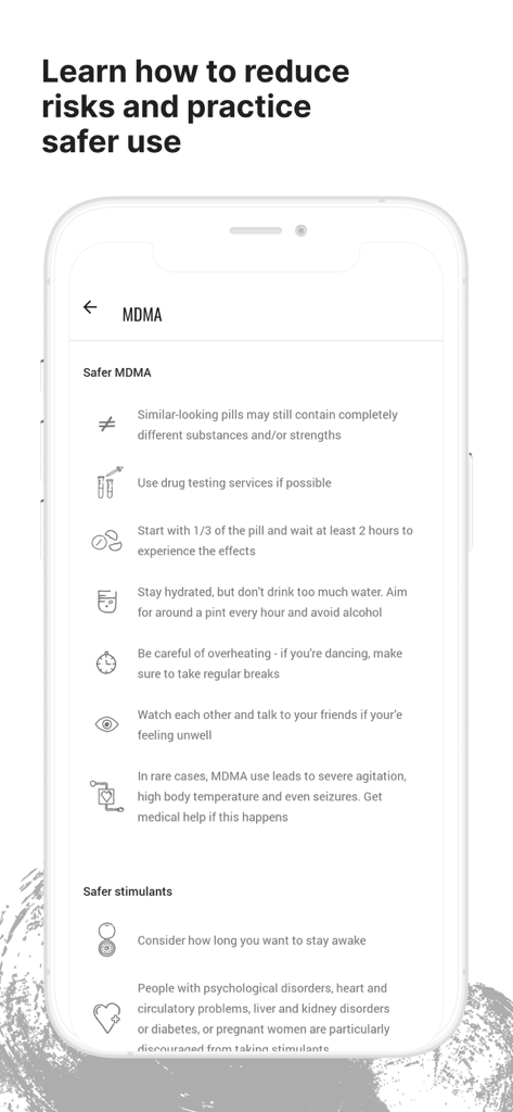 Mobile app screen showing harm reduction tips and safer use advice for MDMA
