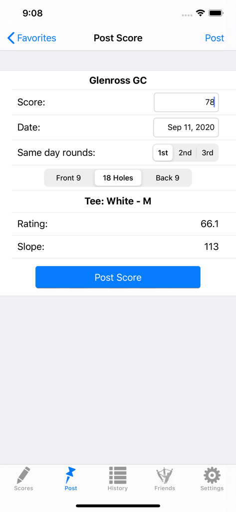 Golf Handicap Tracker & Scores - A mobile interface for entering golf scores including fields for course name, total score, date, and slope ratings.