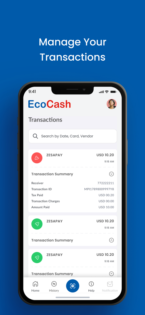 EcoCash Zimbabwe - EcoCash Zimbabwe mobile app screen showing transaction history and details of a utility payment