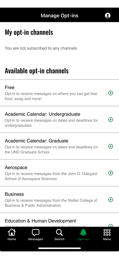 My UND - Manage opt-in channels screen in the My UND mobile app showing academic and campus interest groups.