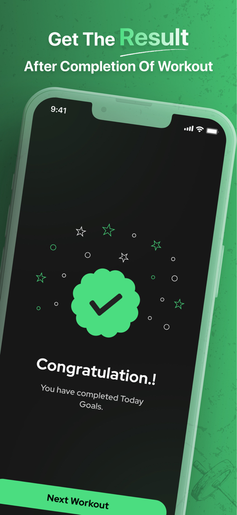 30 Day Workout - Home Fitness - A mobile screen showing a workout completion message with a large green checkmark and a congratulation notification for finishing daily fitness goals.