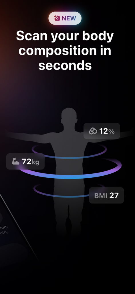 Ninja Fit: Ai Calorie tracker - Écran de l'application Ninja Fit montrant un scan de composition corporelle par IA avec le poids, la masse grasse et l'IMC