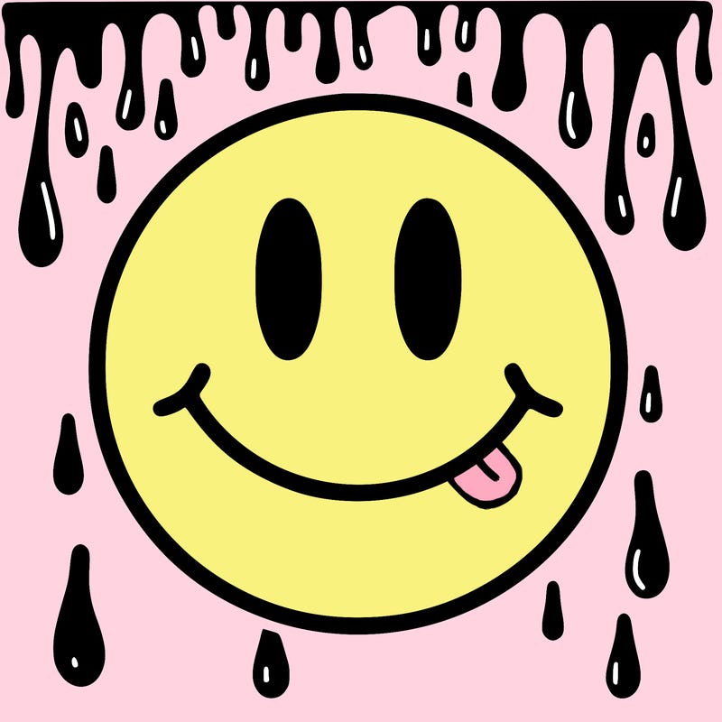 smiley face with drippy black and white background