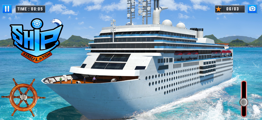 Ship Simulator Cruise Driving - Gameplay screenshot of Ship Simulator Cruise Driving showing a large cruise ship at sea with on-screen controls