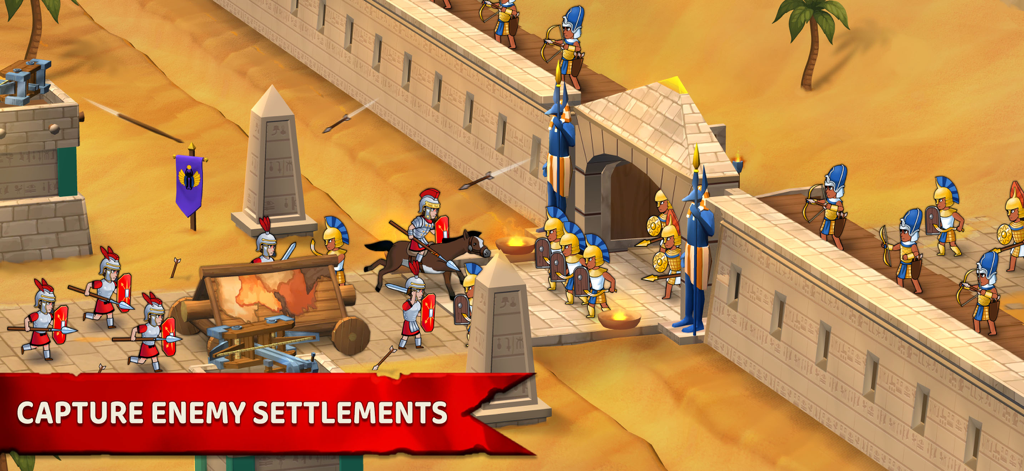 Roman soldiers attacking an ancient Egyptian desert fortress with siege equipment