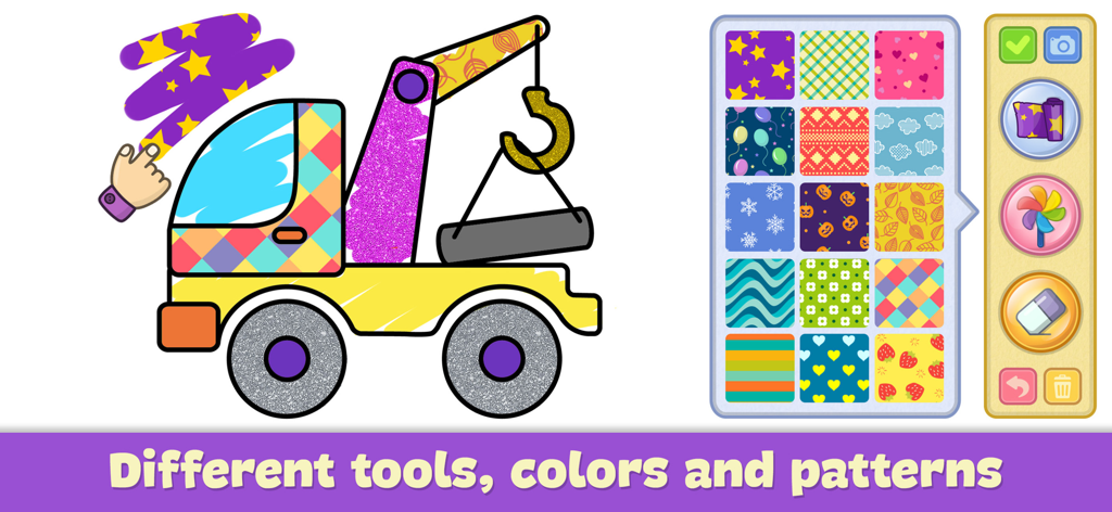 Drawing for Kids - Baby Games - A cartoon tow truck being colored with different patterns and tools in the Bimi Boo drawing app for kids.