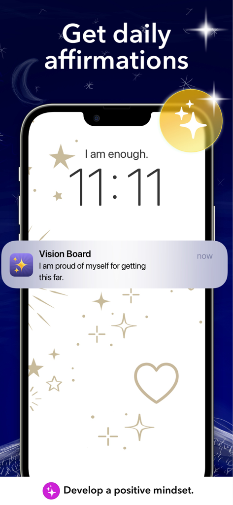 A smartphone lock screen displaying a positive daily affirmation notification from the Vision Board app.