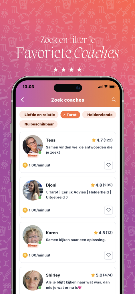 ParaVisie - ParaVisie app screen showing a list of spiritual coaches with ratings and specialties like tarot.