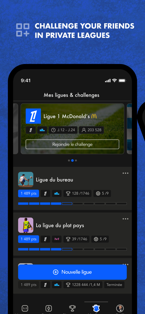 MPP - The social predictor - Interfaz de la aplicación MPP mostrando varias ligas de predicción de fútbol privadas para desafiar a amigos y colegas.