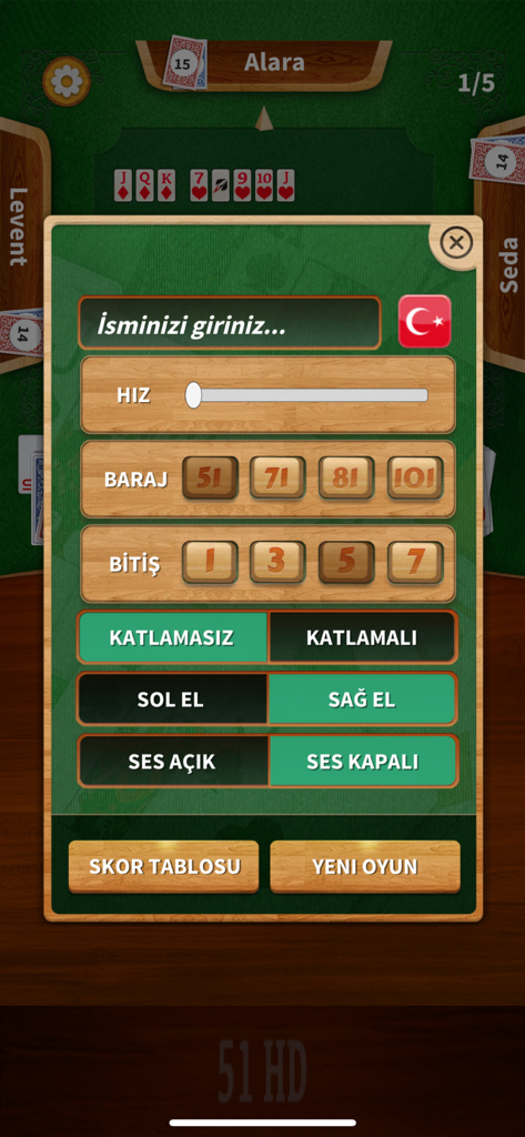 Menú de configuración para el juego de cartas turco 51 HD que muestra varias opciones de juego