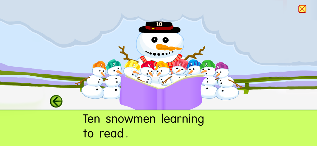 Starfall Snowman - Diez muñecos de nieve de dibujos animados con sombreros numerados leyendo juntos un libro morado.