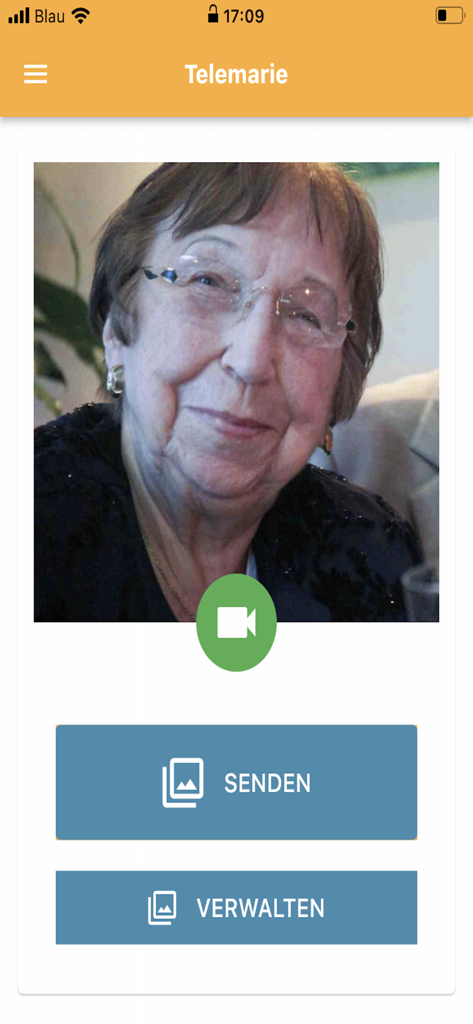 Telemarie - Telemarie app interface showing a senior's photo and buttons for video calling and photo sharing