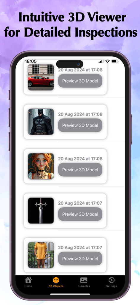 Pic3D Maker - Image to 3D - A smartphone displaying a list of 3D models including a car, Batman, and a sword within the Pic3D Maker app interface.