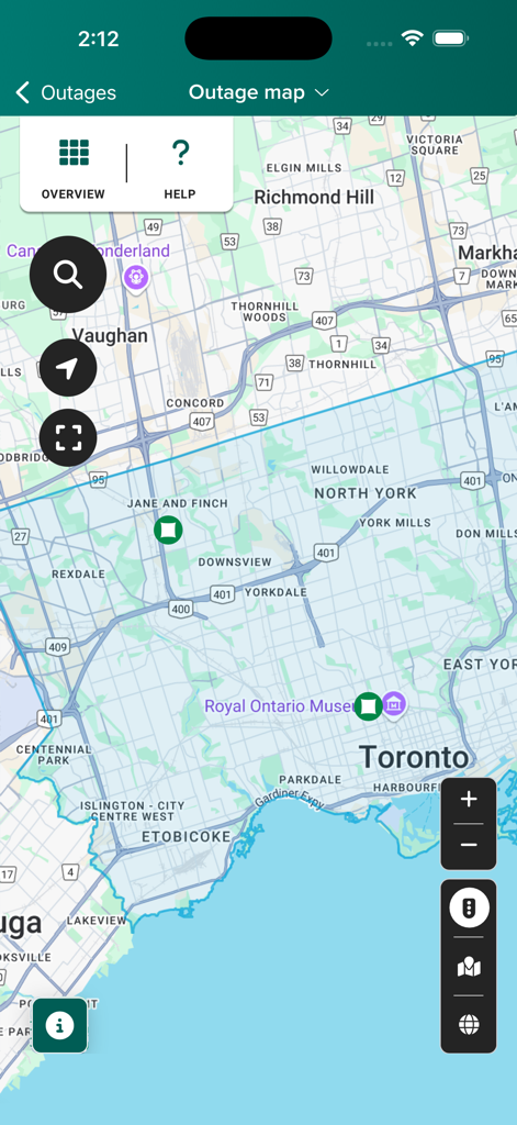 Captura de pantalla de la aplicación móvil de Toronto Hydro que muestra un mapa interactivo en tiempo real de cortes de luz en el área metropolitana de Toronto.