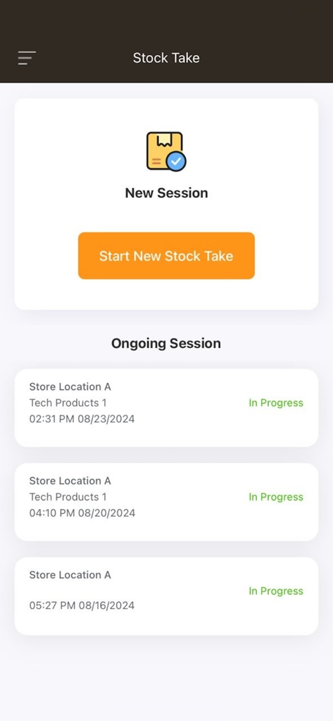 StoreHub Manager - StoreHub Manager app stock take screen showing new and ongoing inventory sessions