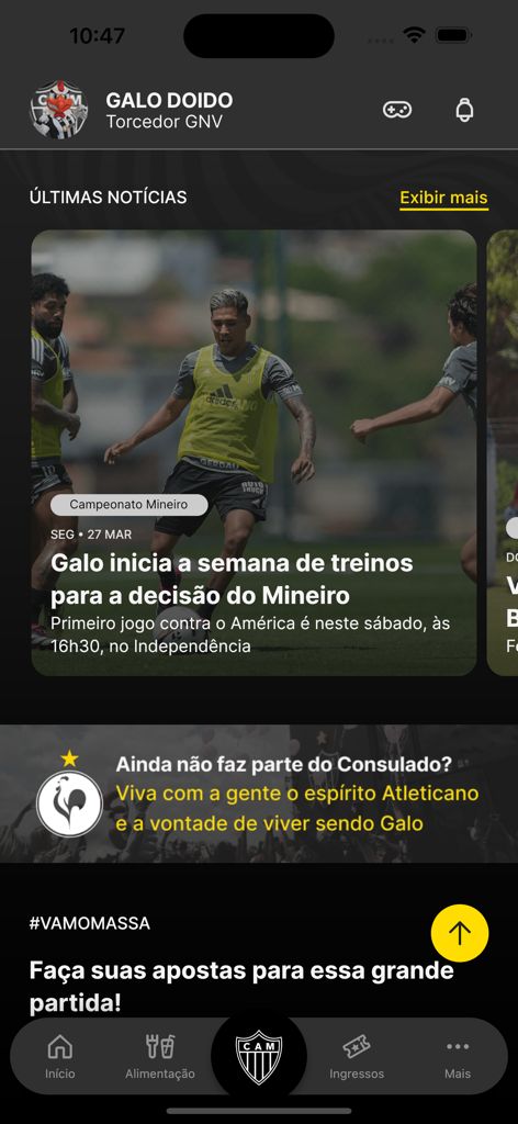 Super App do Galo - Super App do Galoのホーム画面に最新ニュースとファンメンバーシップのバナーが表示されています