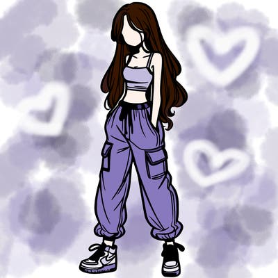girl in baggy pants crop top and long hair
