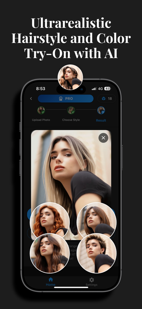 HairLook - Hairstyle Try On - Interface do aplicativo móvel mostrando transformações de penteado e cor com IA em uma mulher