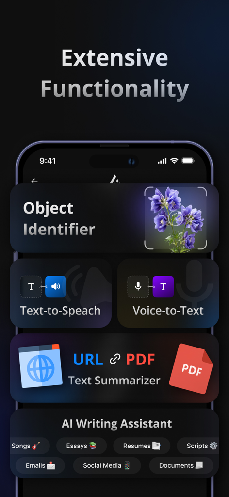 AI Chat on - My Assistant Pro - Screenshot of AI Chat My Assistant Pro app showcasing features like object identifier text to speech and AI writing assistant