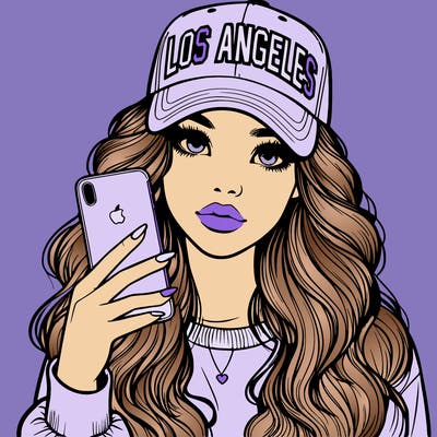 realistic beautiful girl wearing los ángeles cap holding an iphone