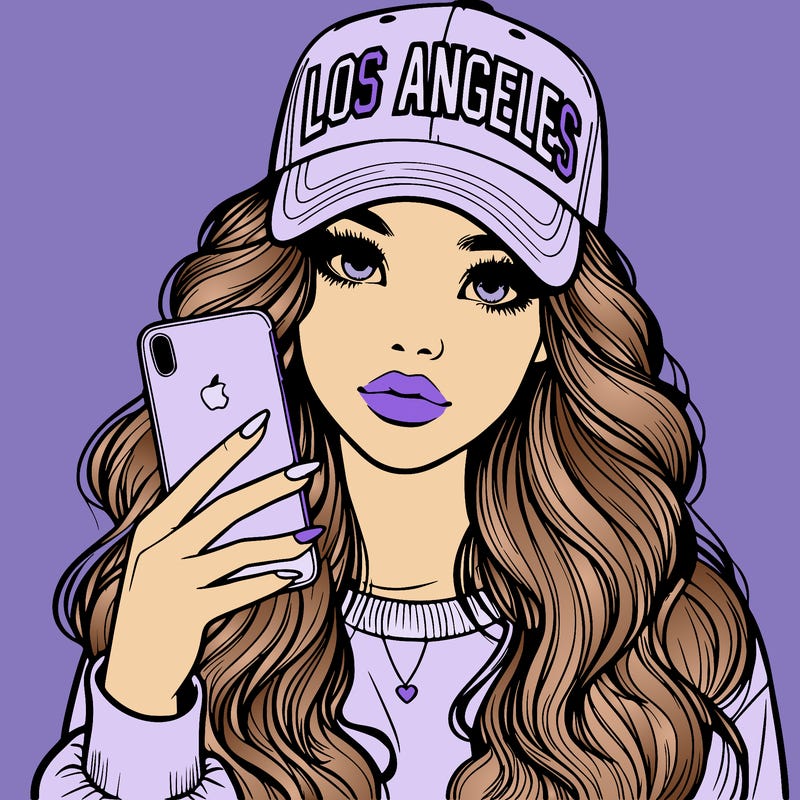 realistic beautiful girl wearing los ángeles cap holding an iphone