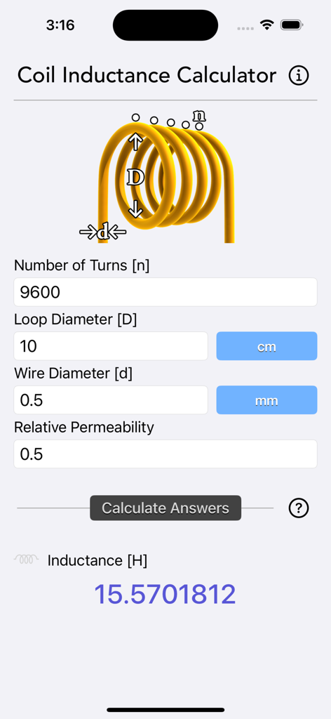Interface de l'application Calculateur d'Inductance de Bobine montrant les champs de saisie pour le nombre de spires et le diamètre avec un résultat d'inductance calculé