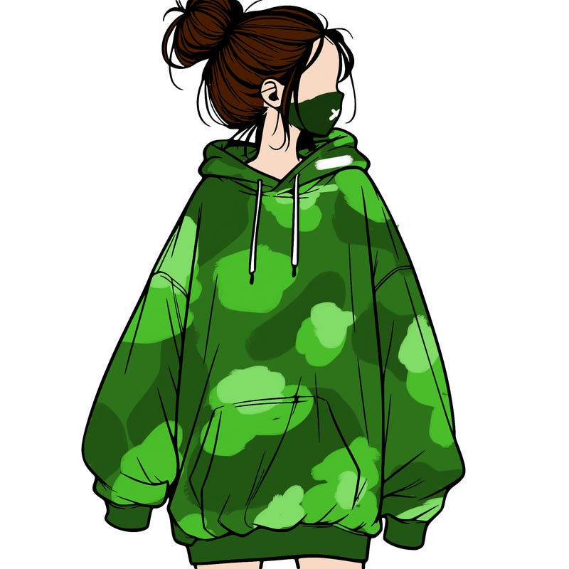 realistic girl with a oversized sweatshirt on and a bun