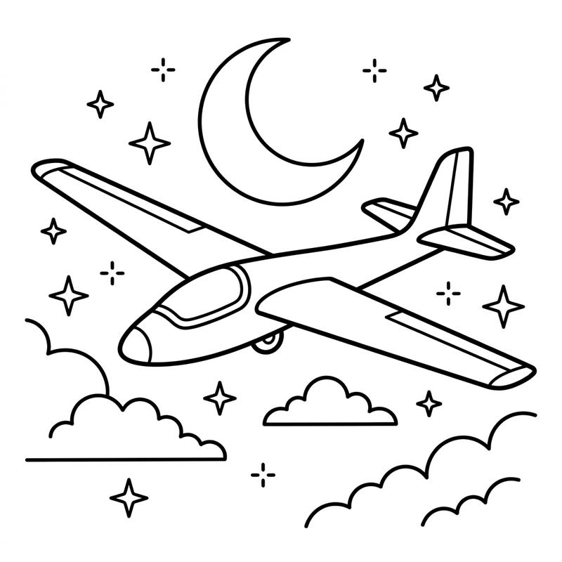 Embark on an imaginative journey with our Glider Night Time coloring page, specially designed for kids. This delightful illustration features a graceful glider soaring under a crescent moon and twinkling stars, perfect for a peaceful and creative adventure.