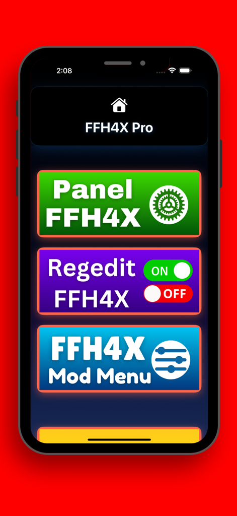 Main menu of the FFH4X Pro app featuring Panel, Regedit, and Mod Menu optimization options.