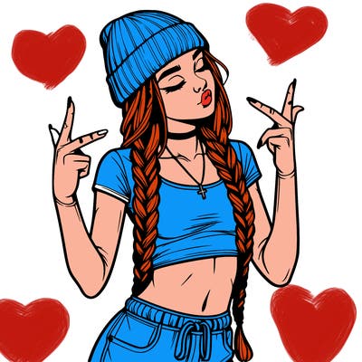 realistic teenage girl with braids and a beanie and crop top doing 🫶🏼