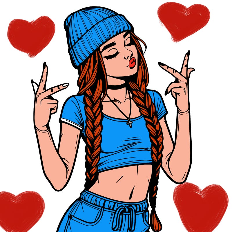 realistic teenage girl with braids and a beanie and crop top doing 🫶🏼