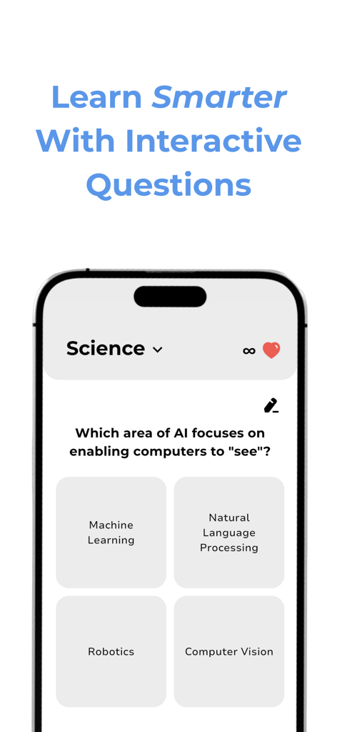 Studytok: Learn and Questions - Studytok 모바일 앱 인터페이스, 컴퓨터 비전 및 인공 지능에 대한 대화형 과학 퀴즈 질문 표시