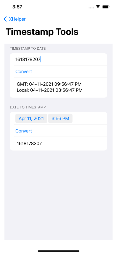 Interface of XHelper app showing Unix timestamp to date conversion tools.