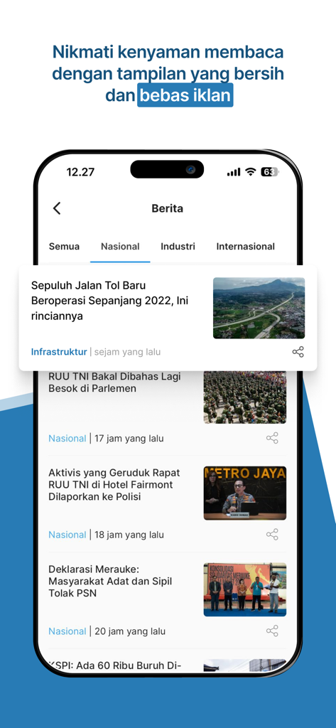 Katadata - Katadata mobile app interface showing a clean and ad-free Indonesian news feed with articles on infrastructure and national affairs.