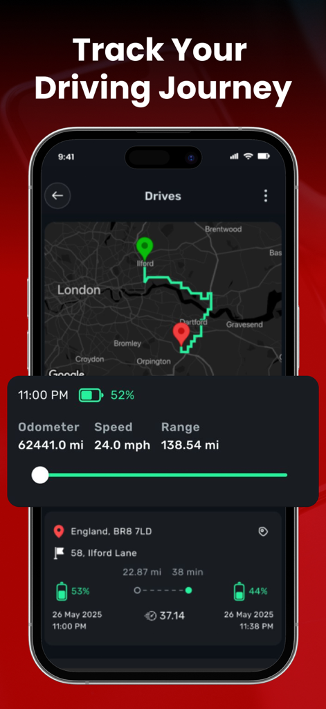 Tesla App – Elvee - Captura de pantalla de la aplicación Elvee que muestra una ruta de conducción de Tesla en un mapa con analíticas detalladas de velocidad y autonomía