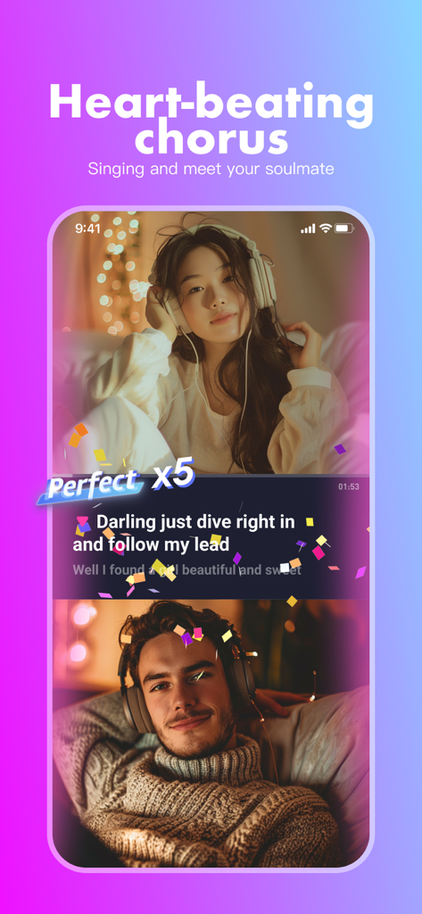 Yaha - Chat&Meet real friends - A split screen showing a man and a woman singing karaoke together on the Yaha social app