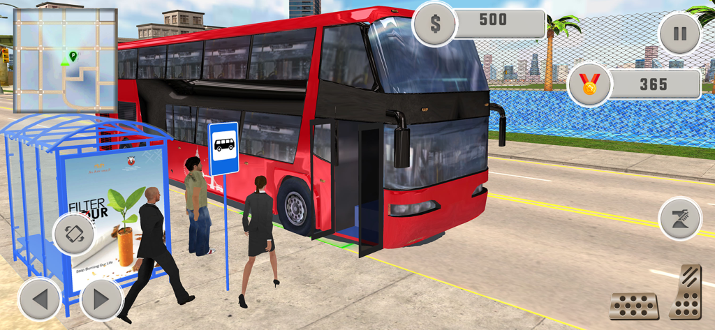 Tourist Passenger Bus Drive - Tourist Passenger Bus Drive gameplay showing a red double decker bus picking up passengers at a city stop