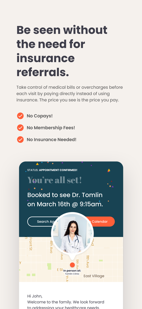 Be:Seen Health - Interface of Be Seen Health app displaying an appointment confirmation with a doctor and highlights of transparent direct-pay medical services.